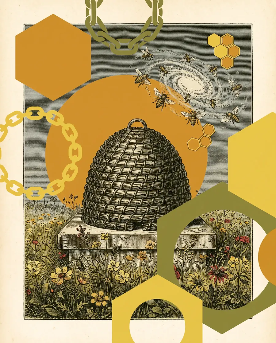 Engraved plate: a skep hive woven from chain links, bees streaming up toward an amber moon